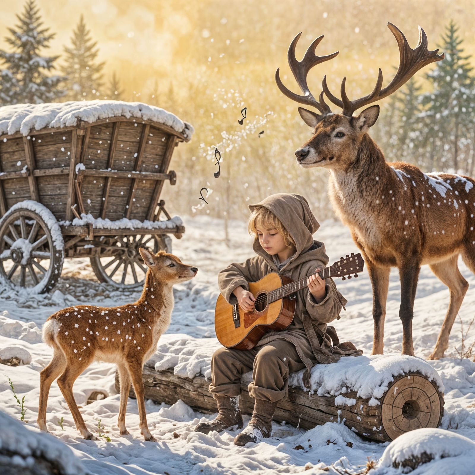 Boy Playing Guitar in Snowy Forest with Deer
