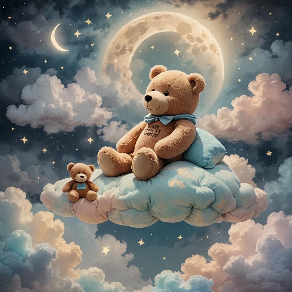 Whimsical Dreamscape: Moon, Teddy Bear, and Clouds