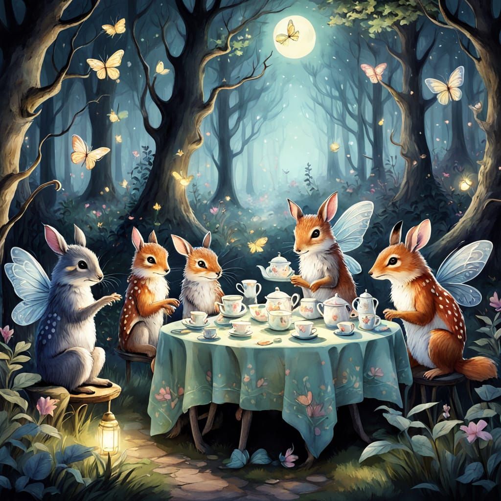 Woodland Creatures' Whimsical Tea Party in Watercolor
