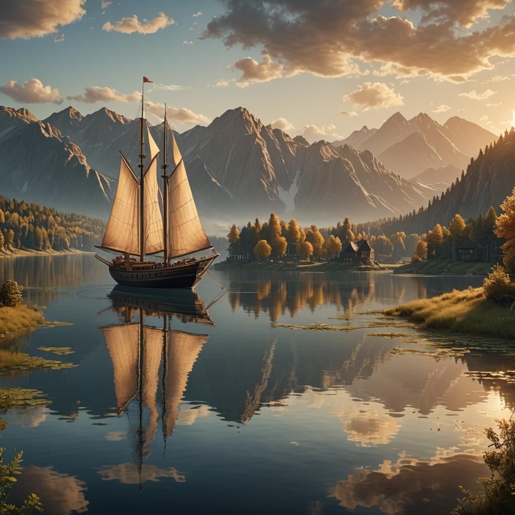 Schooner on Lake at Golden Hour: Detailed Matte Painting