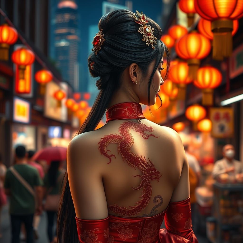 Elegant Asian Woman in Traditional Chinese Attire with Drago...