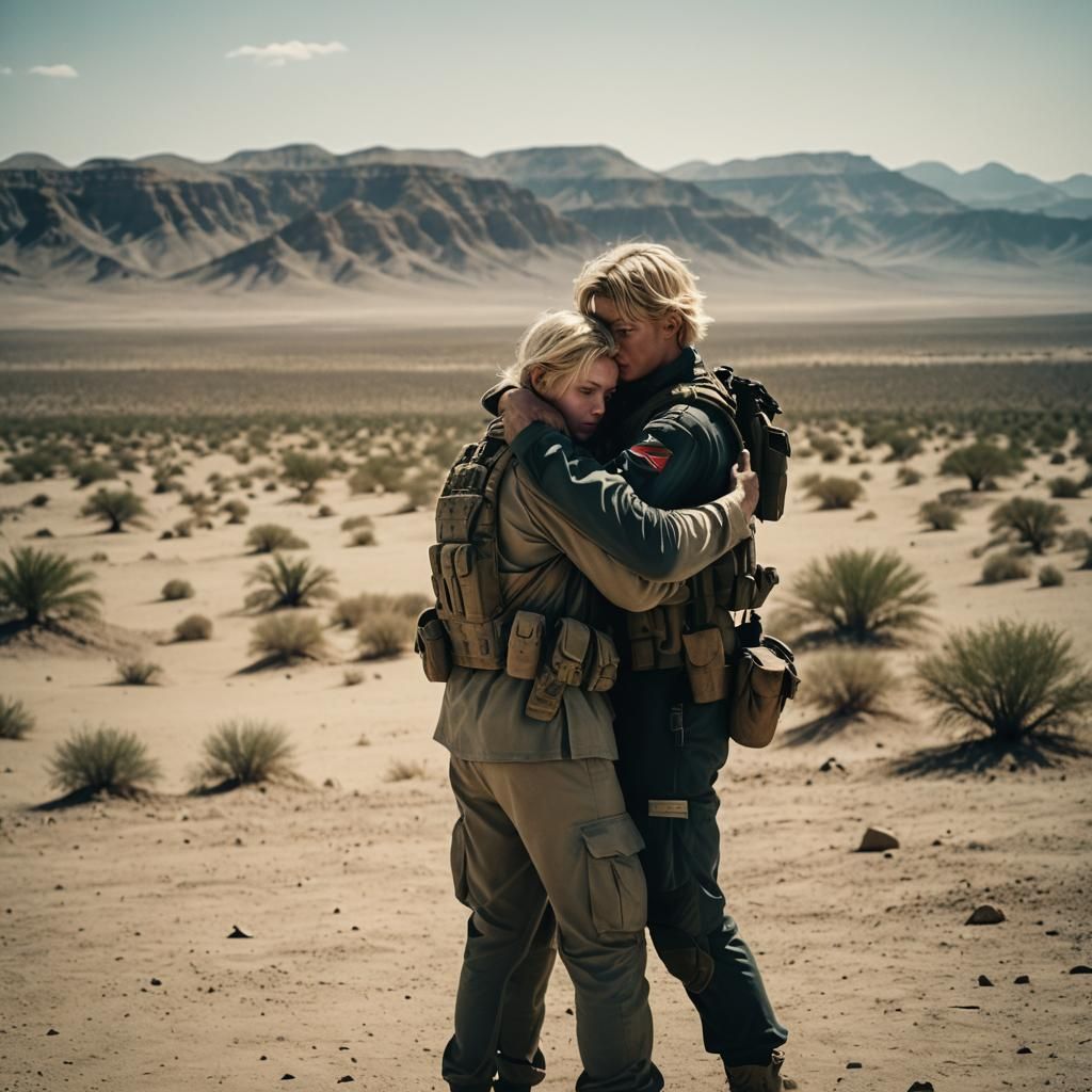 Soldiers' Embrace in Desert, Cinematic Film Still