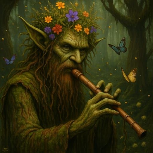 Mystical Forest Spirit Plays Flute in Ancient Woodland