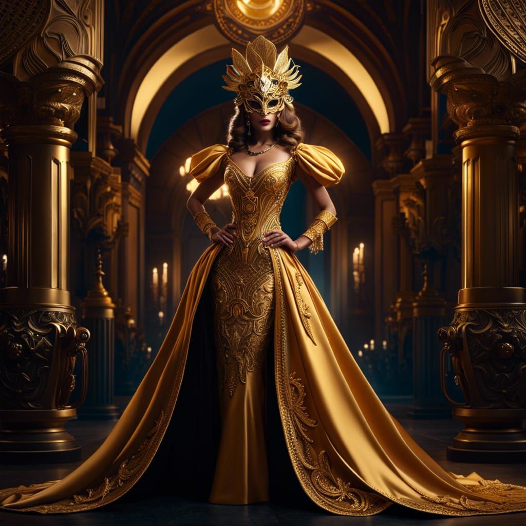 Woman in Golden Gown at Masquerade Ball