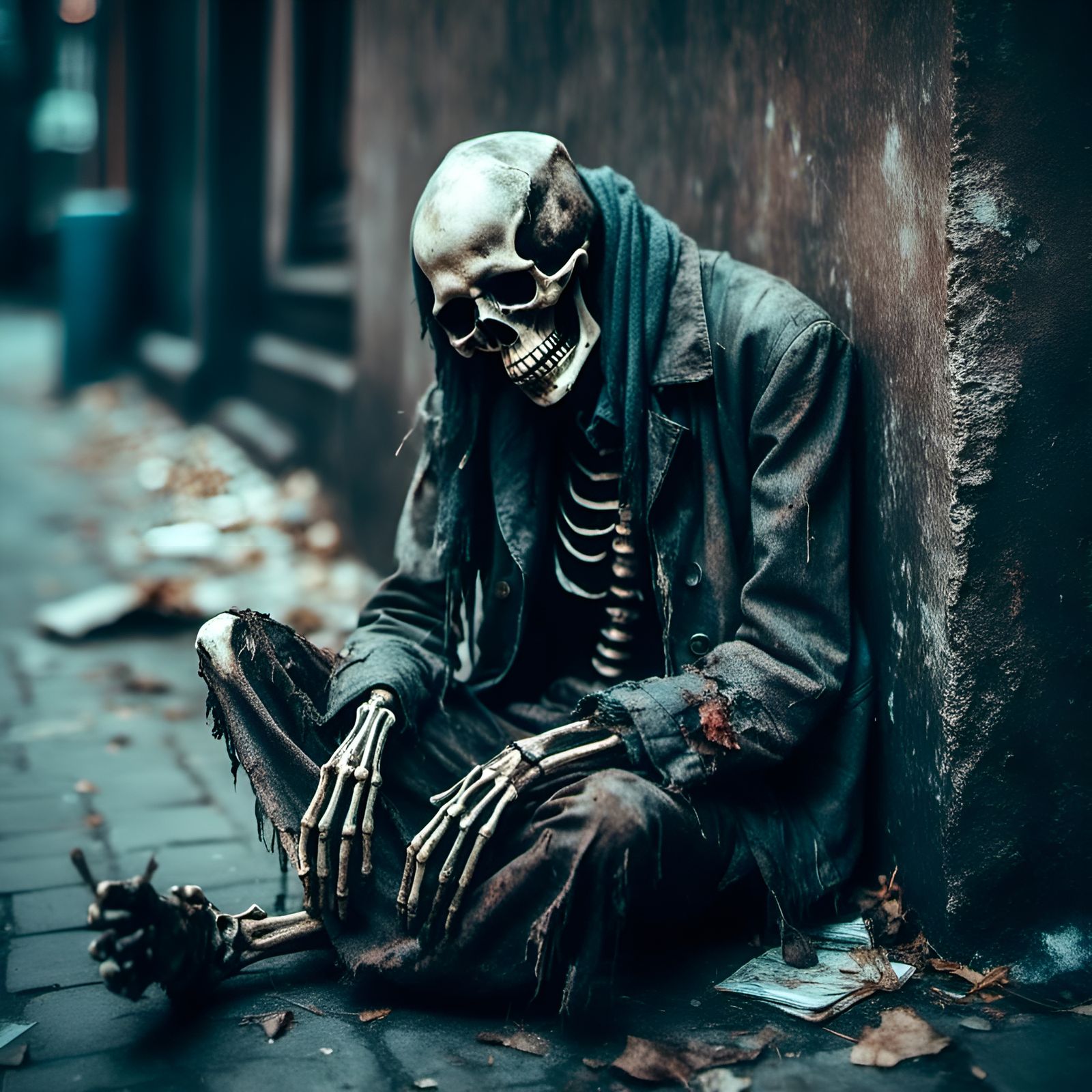 Sad Homeless Skeleton Portrait in Macabre Style