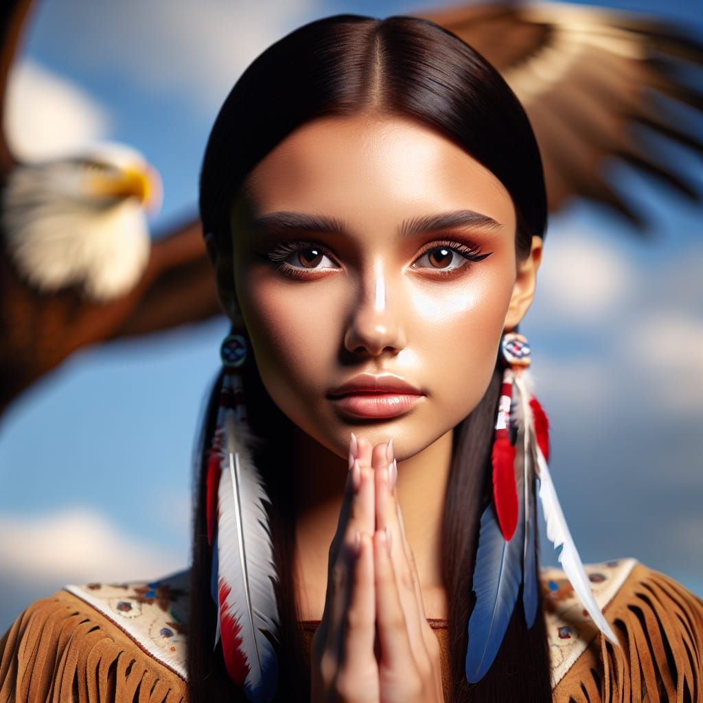 Native American Woman Praying with Eagle