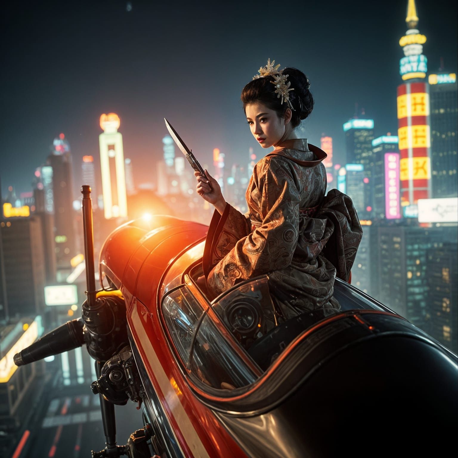 Geisha with Penknife on Retro-Futuristic Airplane