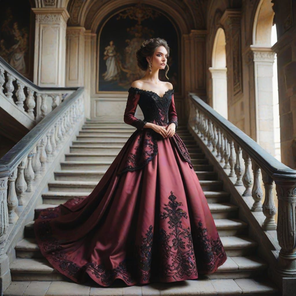Woman in Luxurious Baroque Wine-Colored Ball Gown