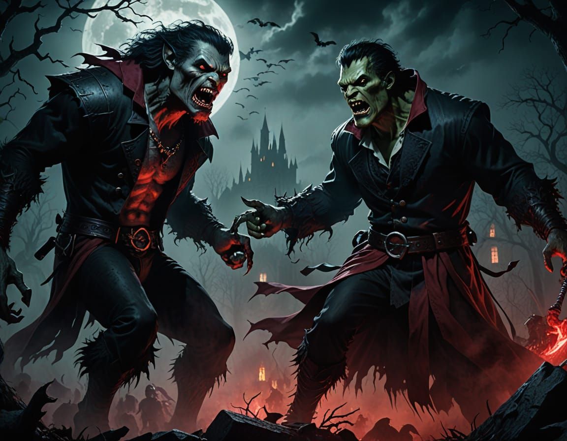 Werwolf, Vampire, and Frankenstein Fight in Gothic Horror