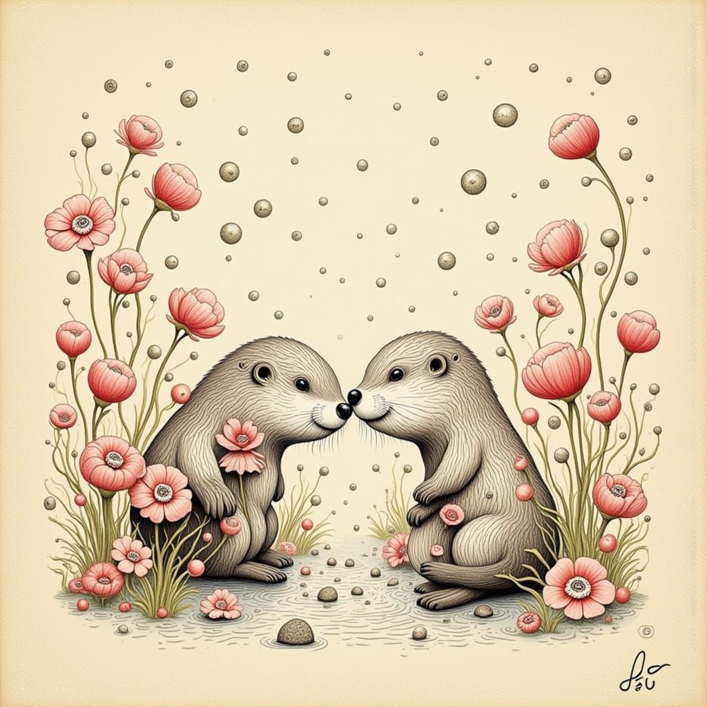 Whimsical Woodcut Style Otters Surrounded by Love Hearts