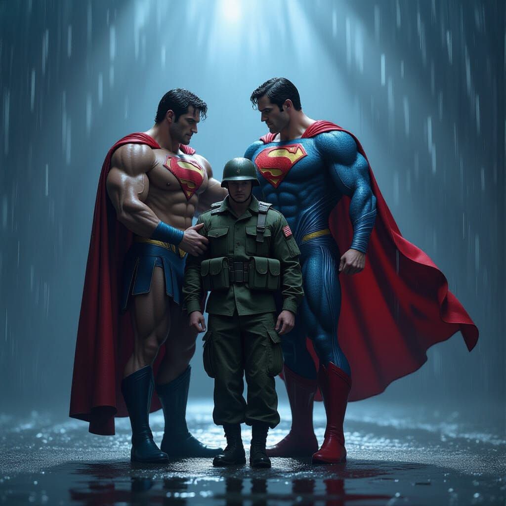 Superheroes Carry Soldier in Dramatic Downpour