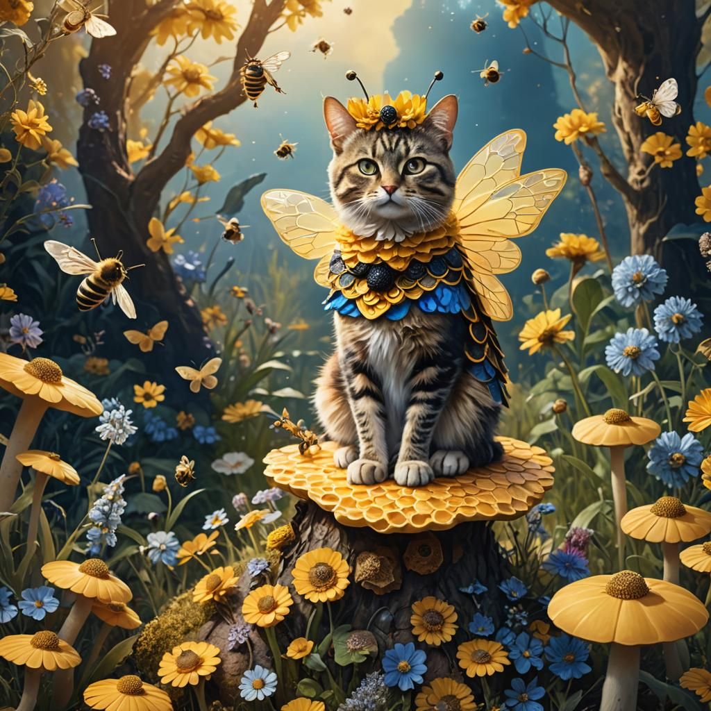 Cat in Bee Costume on Toadstool