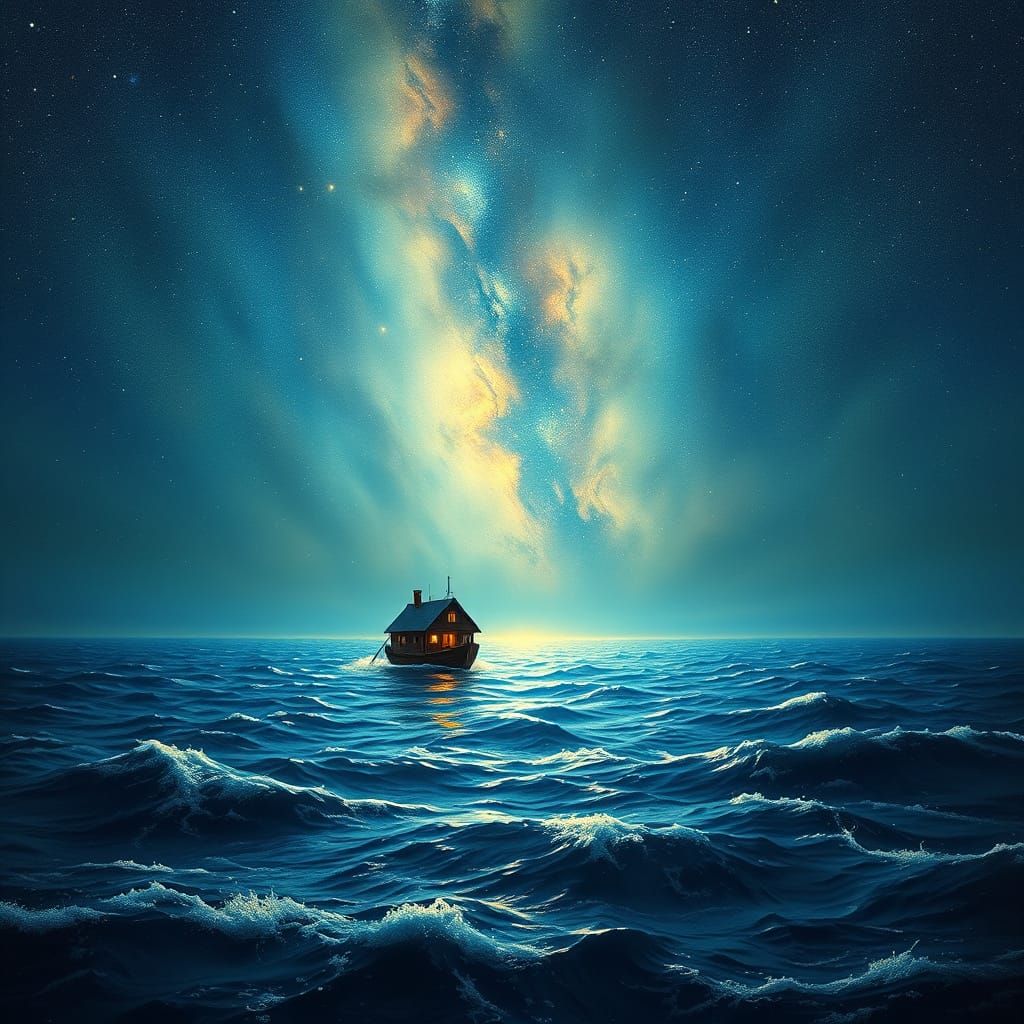 Celestial Houseboat Drifts on Starry Ocean