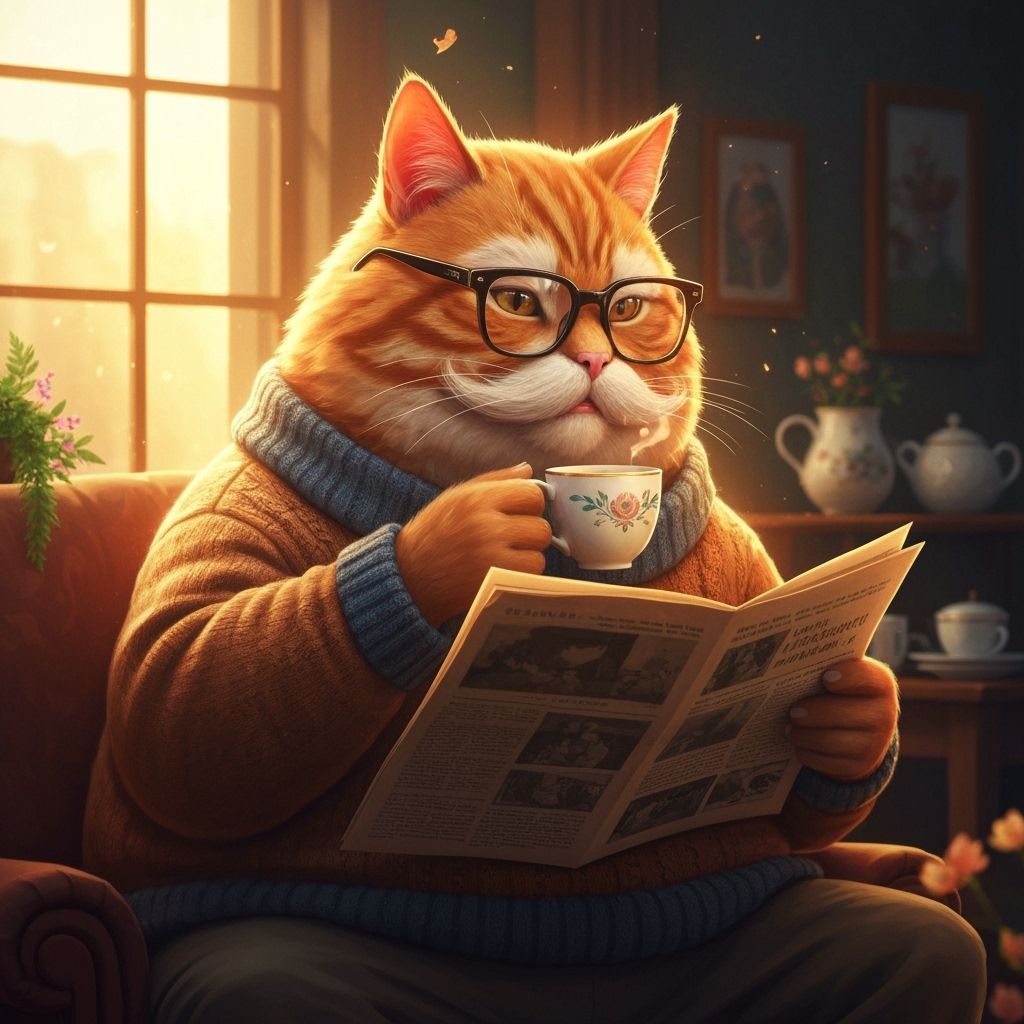 A boomer cat sipping tea while reading a newspaper