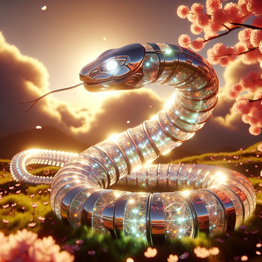 Iridescent Cyborg Snake in Cherry Blossom Garden