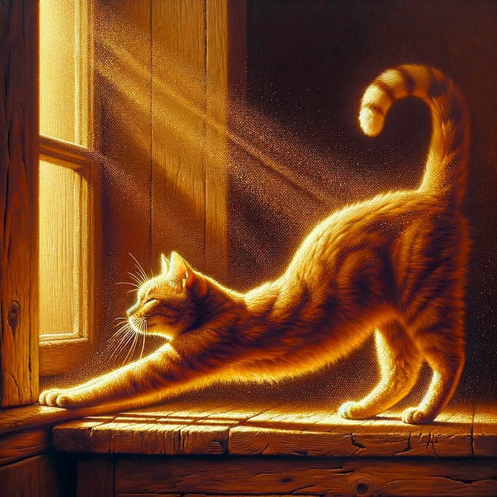 Caturday Challenge ~ 3rd Place ~ A ginger cat pauses mid-stretch on a sun-drenched windowsill...