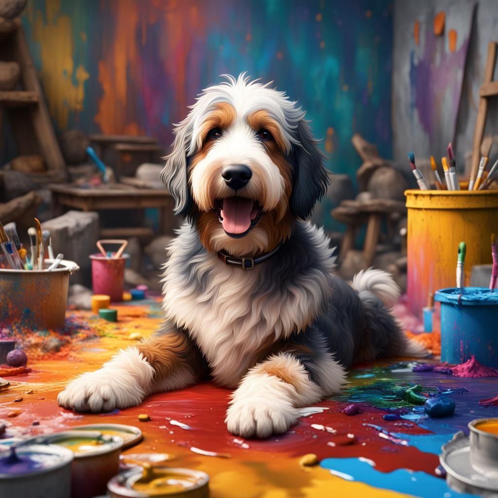 Smiling Bernedoodle in Mess of Paints: Fantasy Art