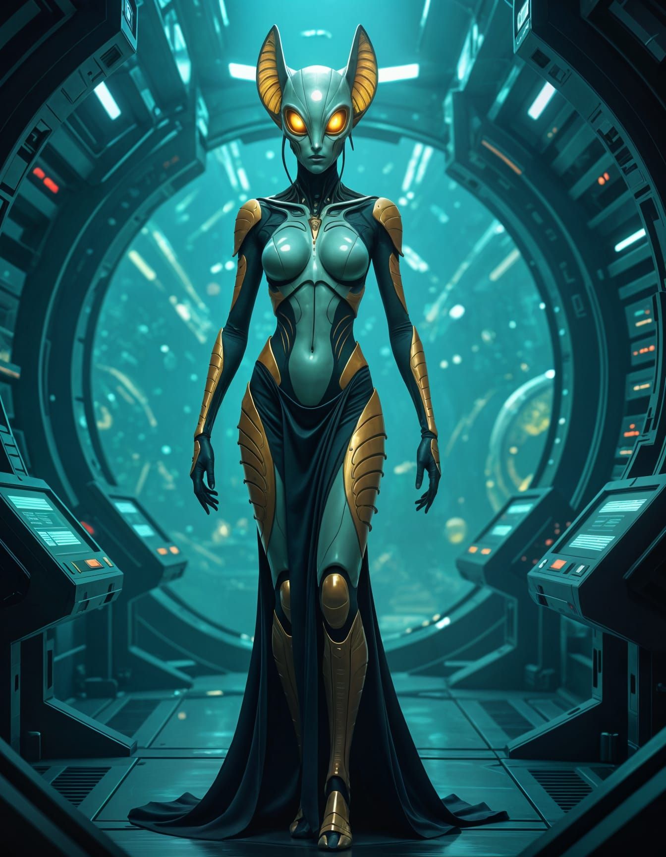 Elegant Xenomorph in Biomechanical Command Center