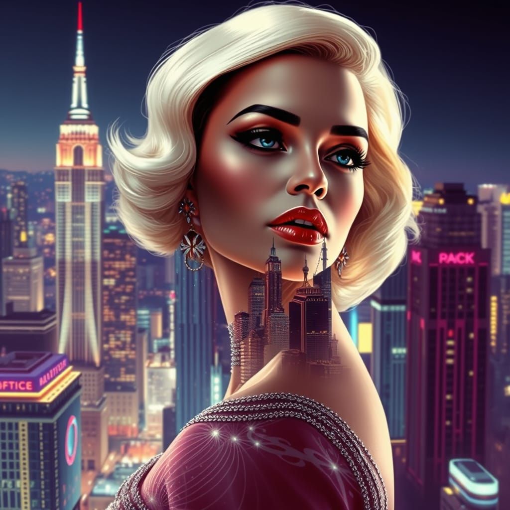 Art Deco Woman With Cityscape Double Exposure