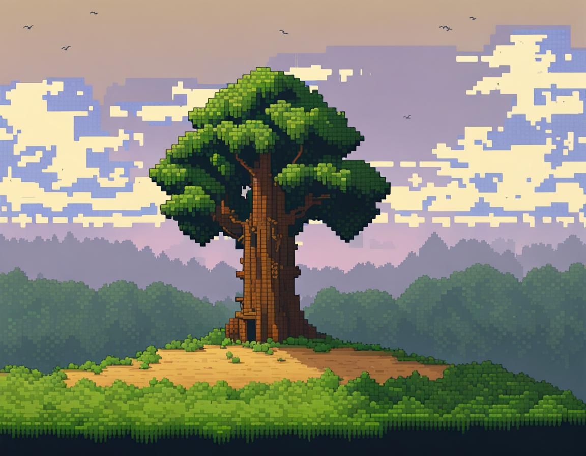 Lonely Oak Tree in Pixel Art Style