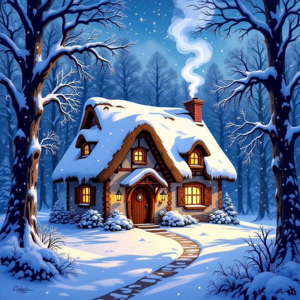 Snowy Cottage in Forest Clearing, Astral Art
