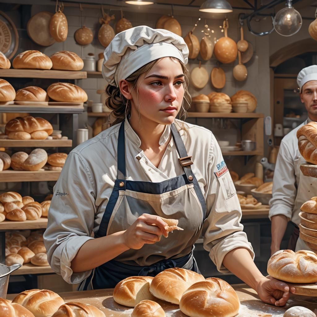 French Baker Kneading Dough in Bakery, Detailed Portrait
