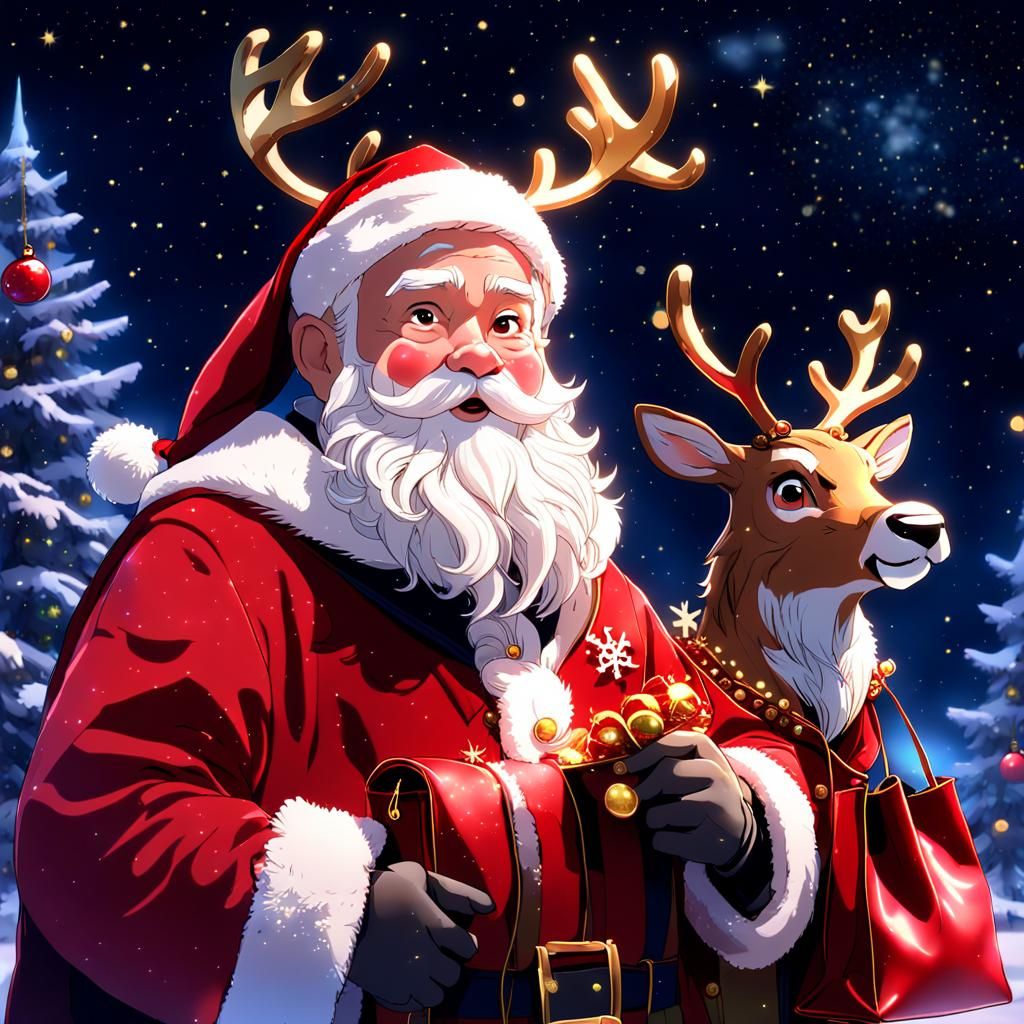 Santa Claus and Rudolph in Anime Style