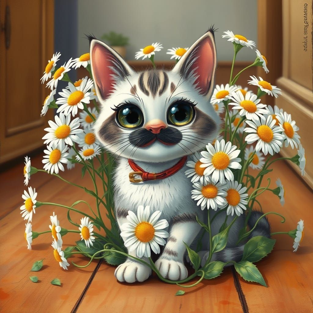 Whimsical Cat in Lush Spring Bouquet, Gouache and Watercolor...