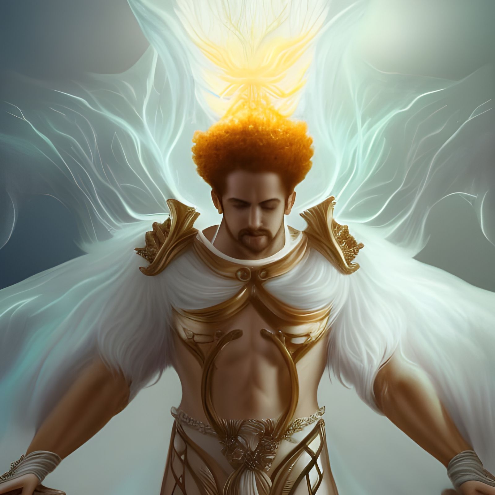 Transparent Deity Overlooks Redhead Man: Detailed Matte Pain...