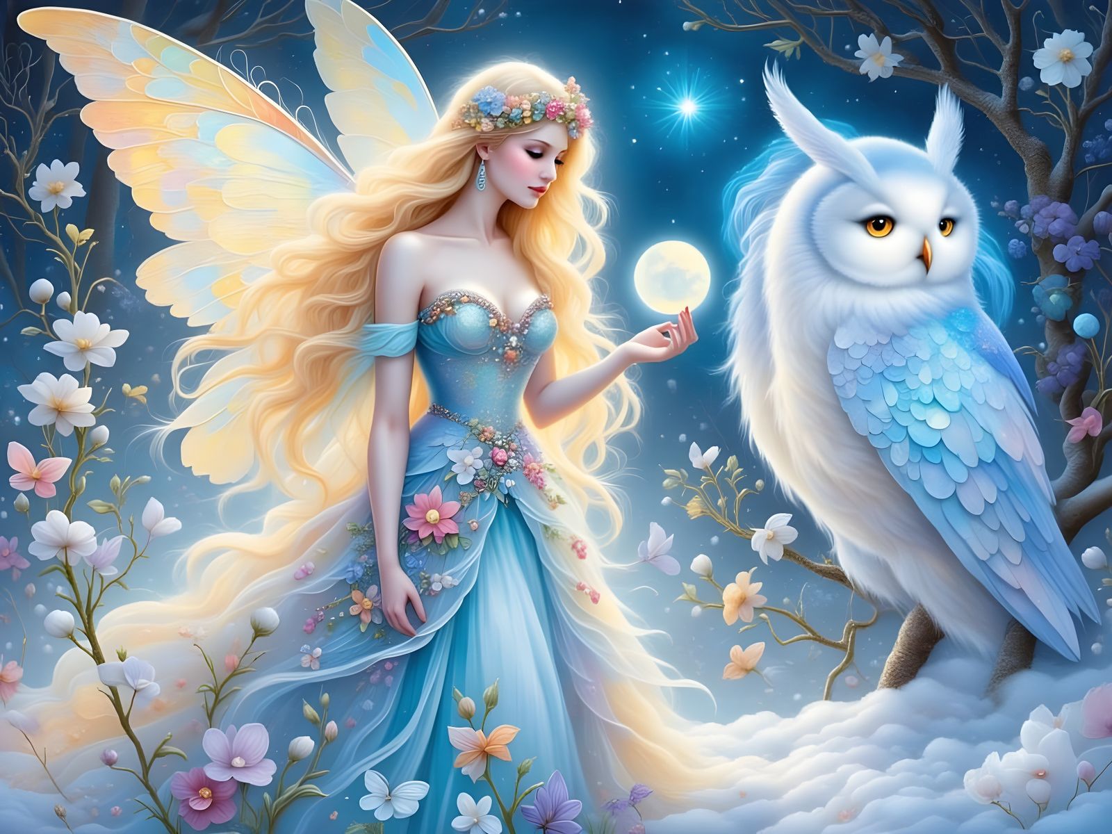 Ethereal Fairy and Snow Owl in Dreamlike Watercolor Style