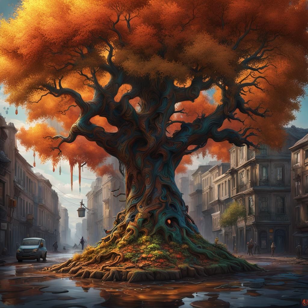 Tree with Book: Detailed Matte Painting in Graffiti Style