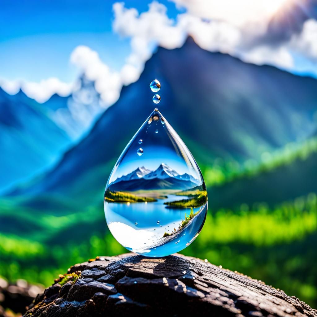 Raindrop with mountainscape inside