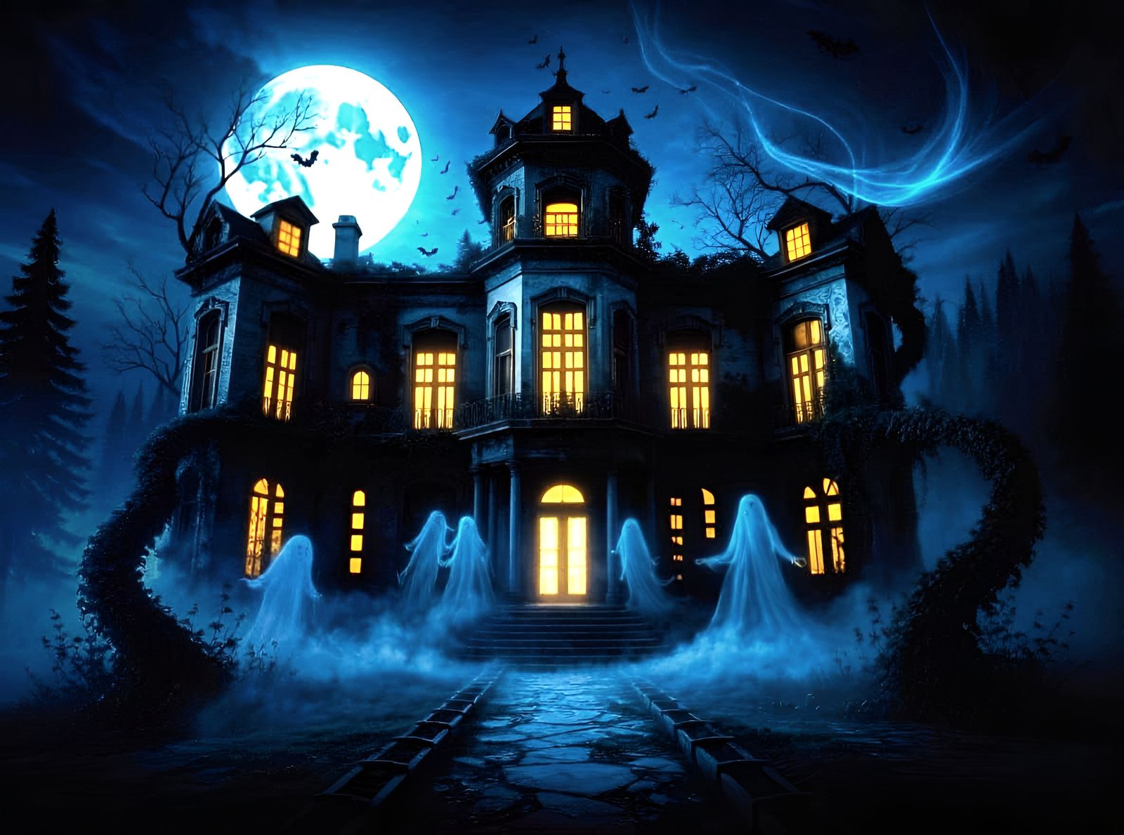 Haunting Manor with Ghosts in Moonlit Mist