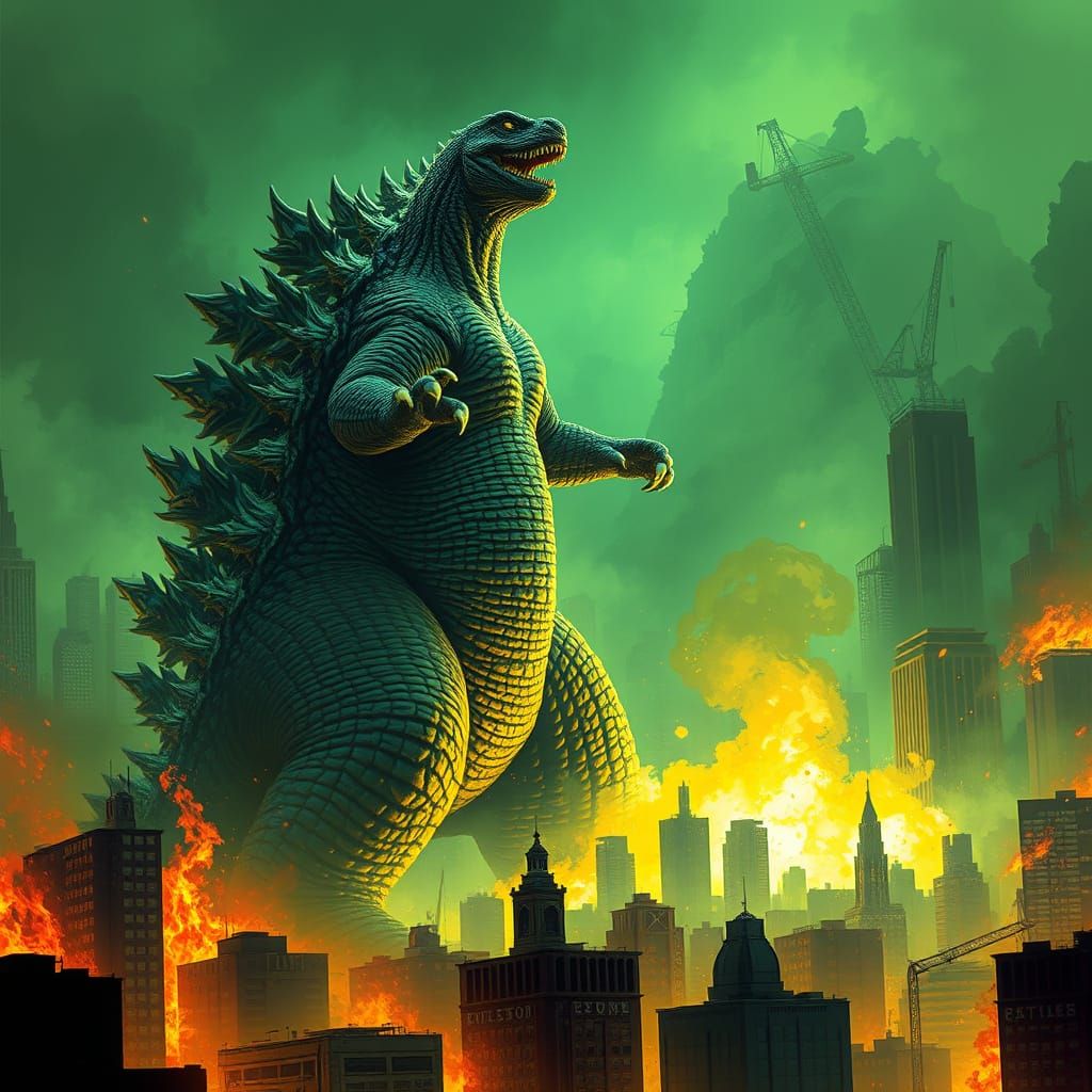 Glowing Green Cityscape Devastated by Atomic Godzilla
