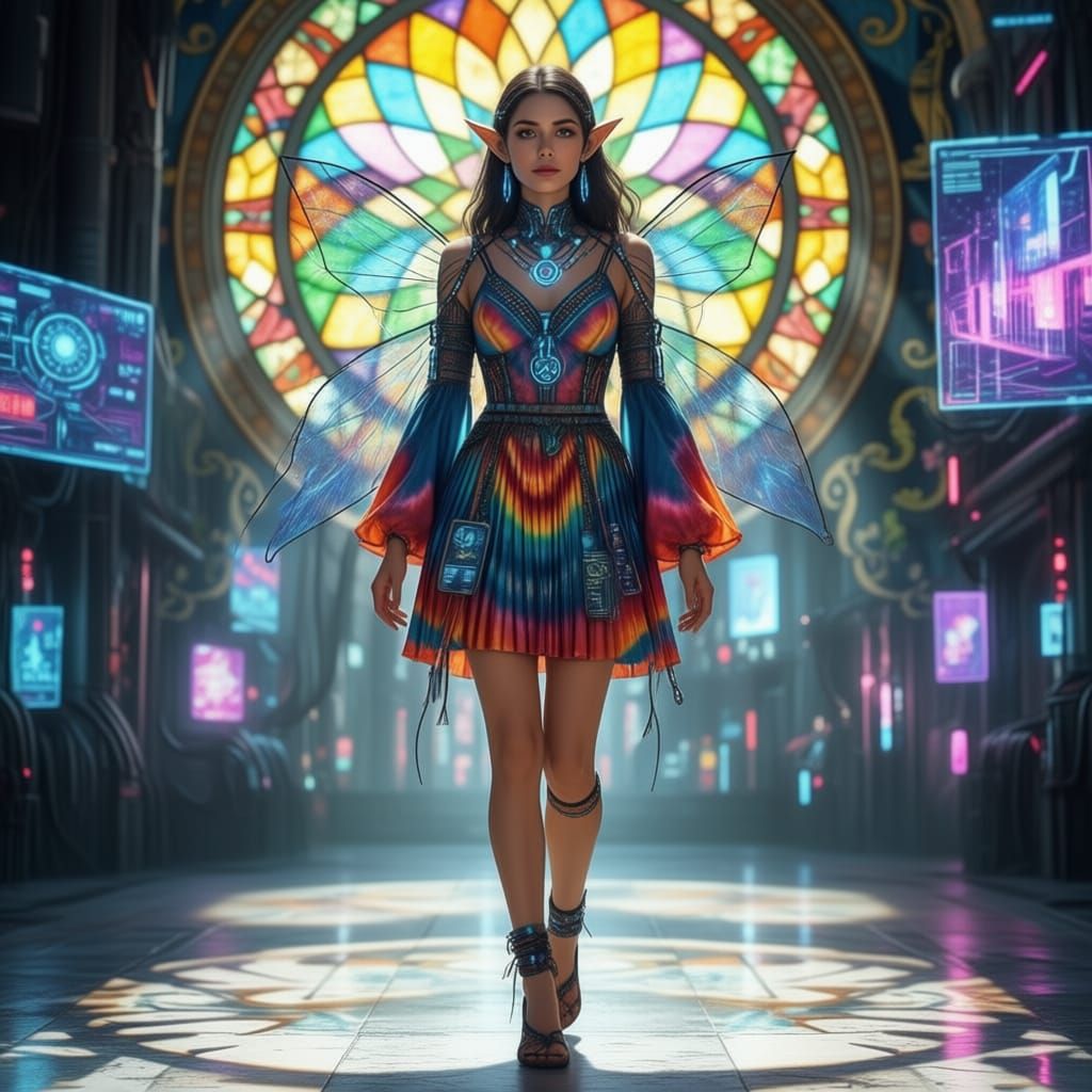 Cyberpunk Elf Princess in Pleated Tie-Dye Dress