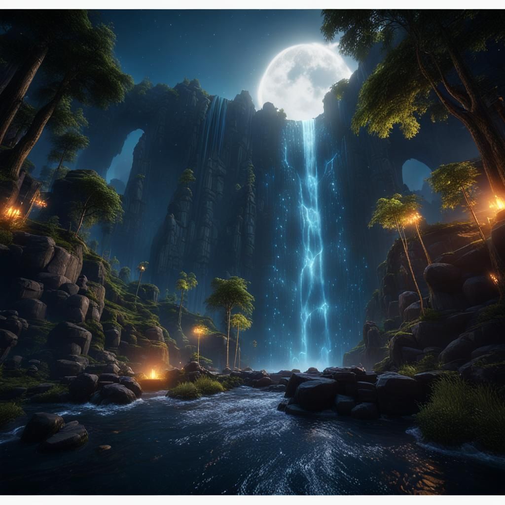 Heavenly Waterfall at Night in 3D Game Style