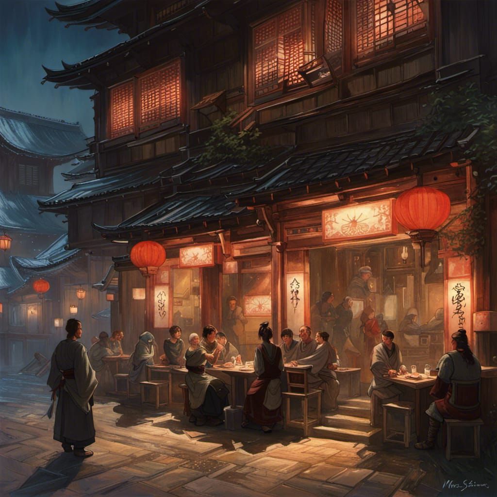 Medieval Japanese Samurai Cafe at Night