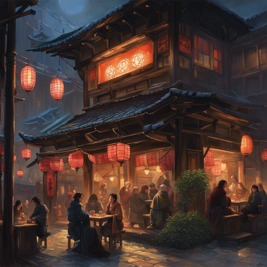 Medieval Japanese Samurai Cafe at Night