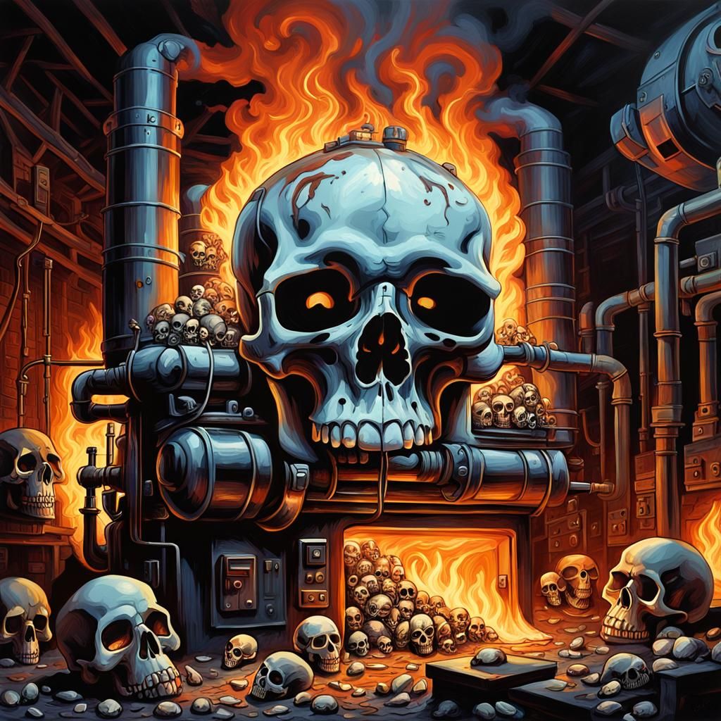Infernal Furnace Reveals Skull Pile: Acrylic Painting