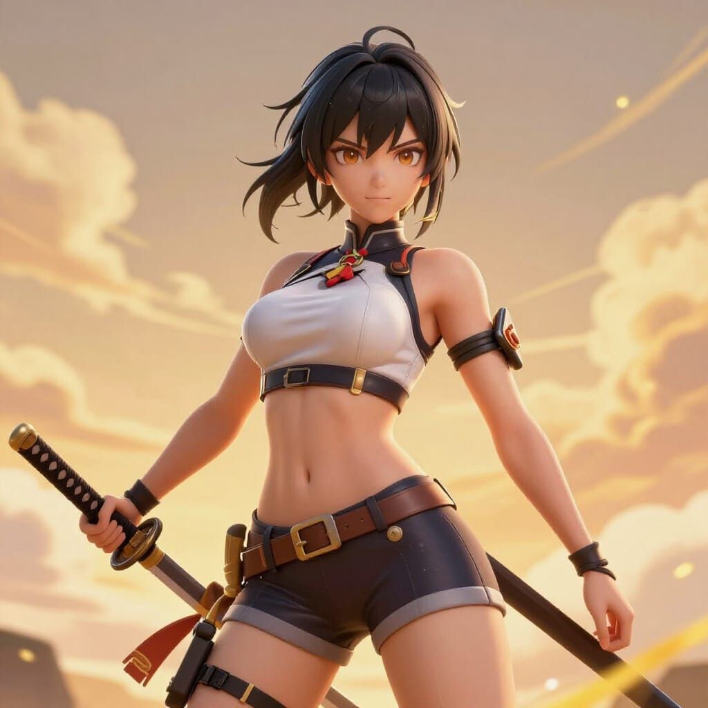 Anime Warrior Woman with Katana in Golden Hour