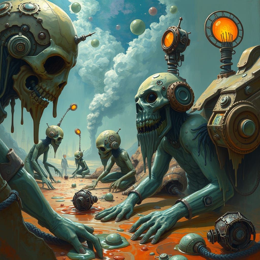Surreal Melting Steampunk Figures in Gouache Style