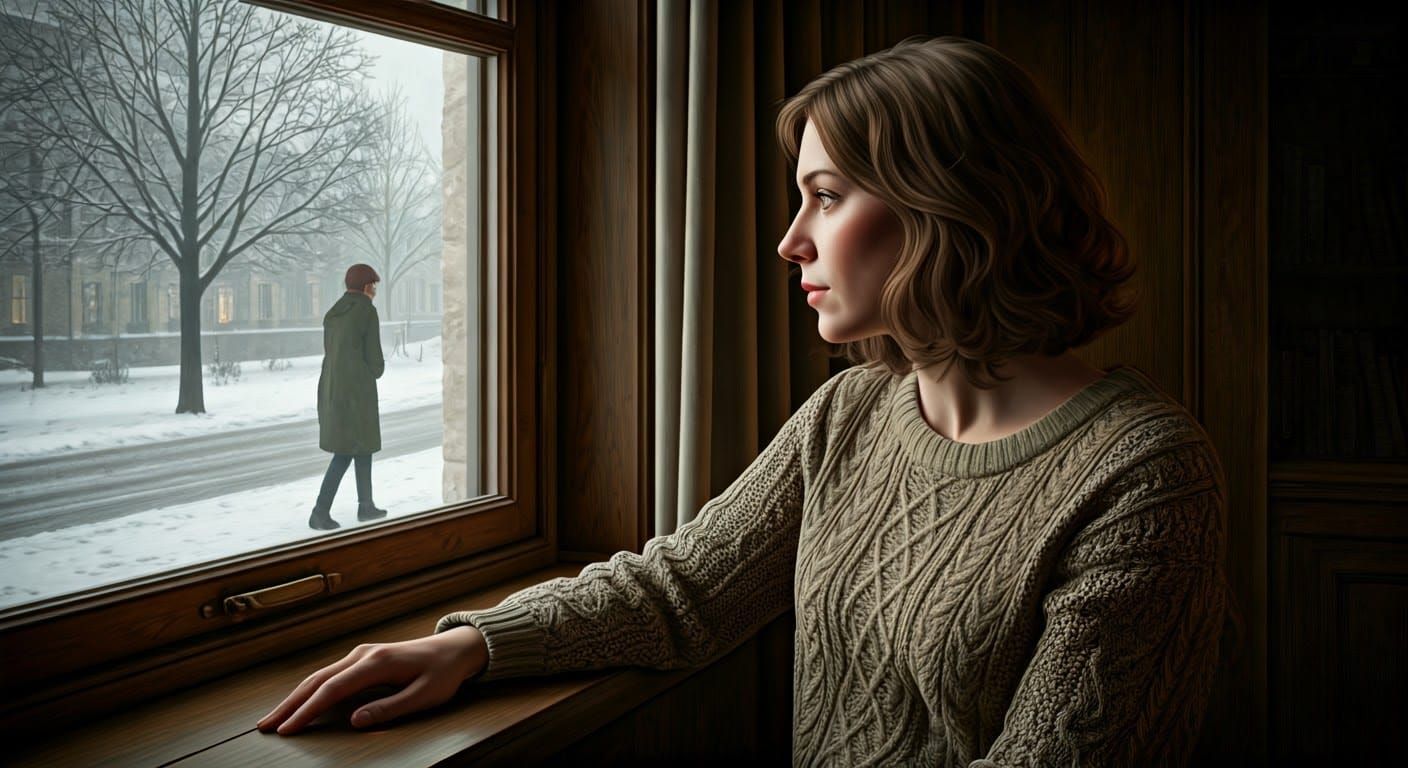 Serene Woman Contemplates Snowy Urban Scene in Soft Light