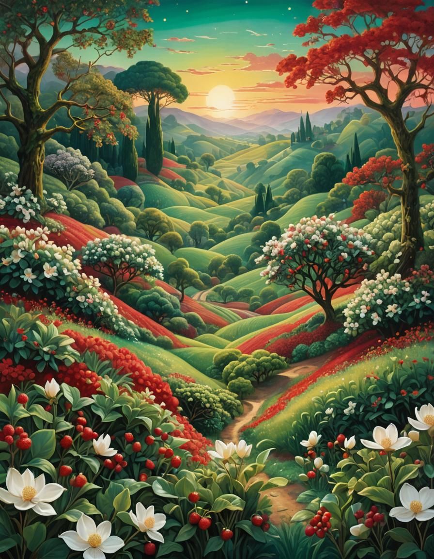 Lush Emerald Garden with Crystalline Fruits