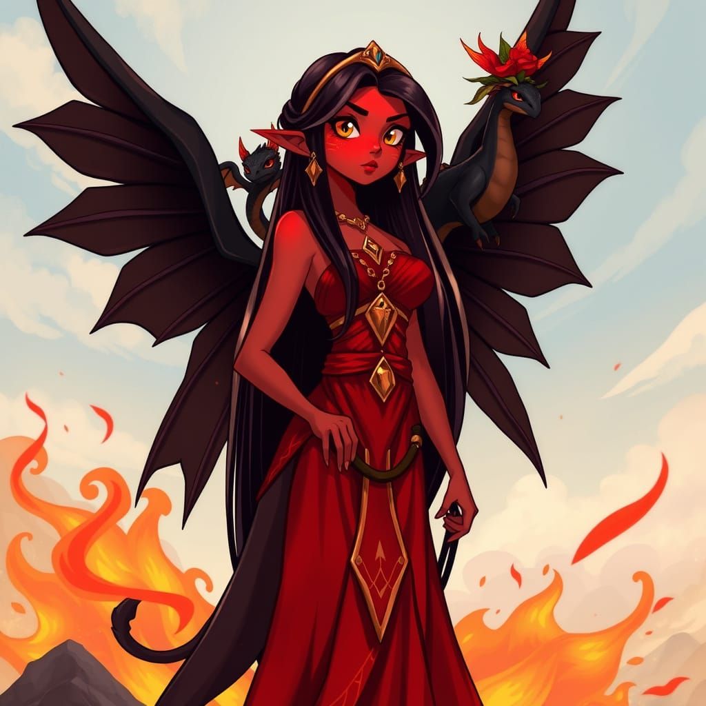 Powerful Female Fire Spirit in Elegant Red Attire