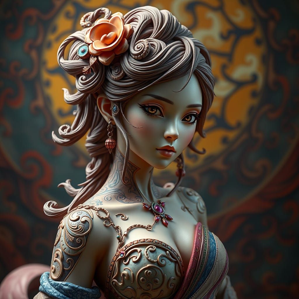 Vibrant Anime-Inspired Clay Sculpture with Intricate Pattern...