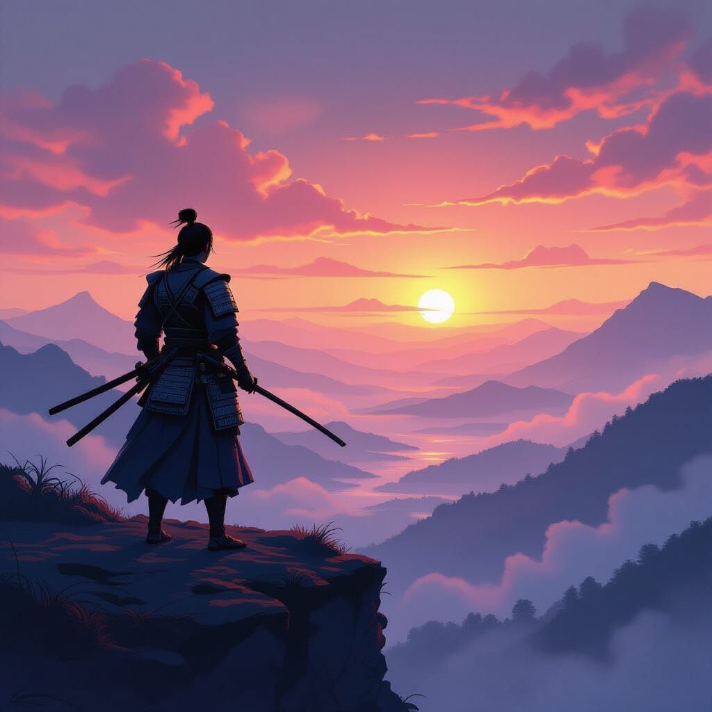 Lone Samurai Warrior on Windswept Cliff at Dawn