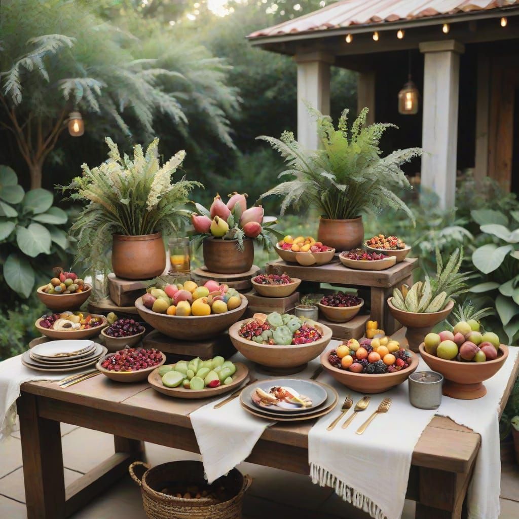 Bohemian Grazing Table with Vibrant Fruits and Artisanal Del...