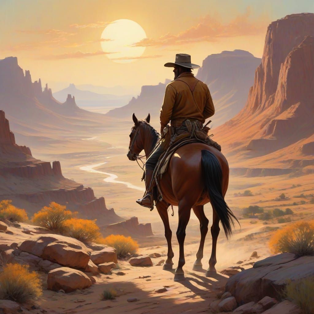 A Lone Cowboy Stands Tall in the Desert Sunset