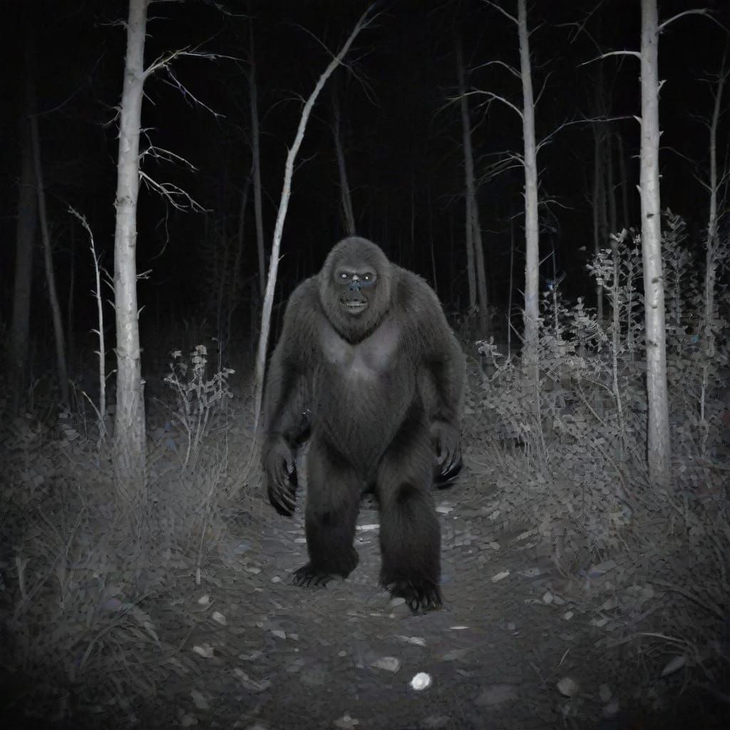 Eerie Bigfoot Sighting in Forest, Film Noir Style
