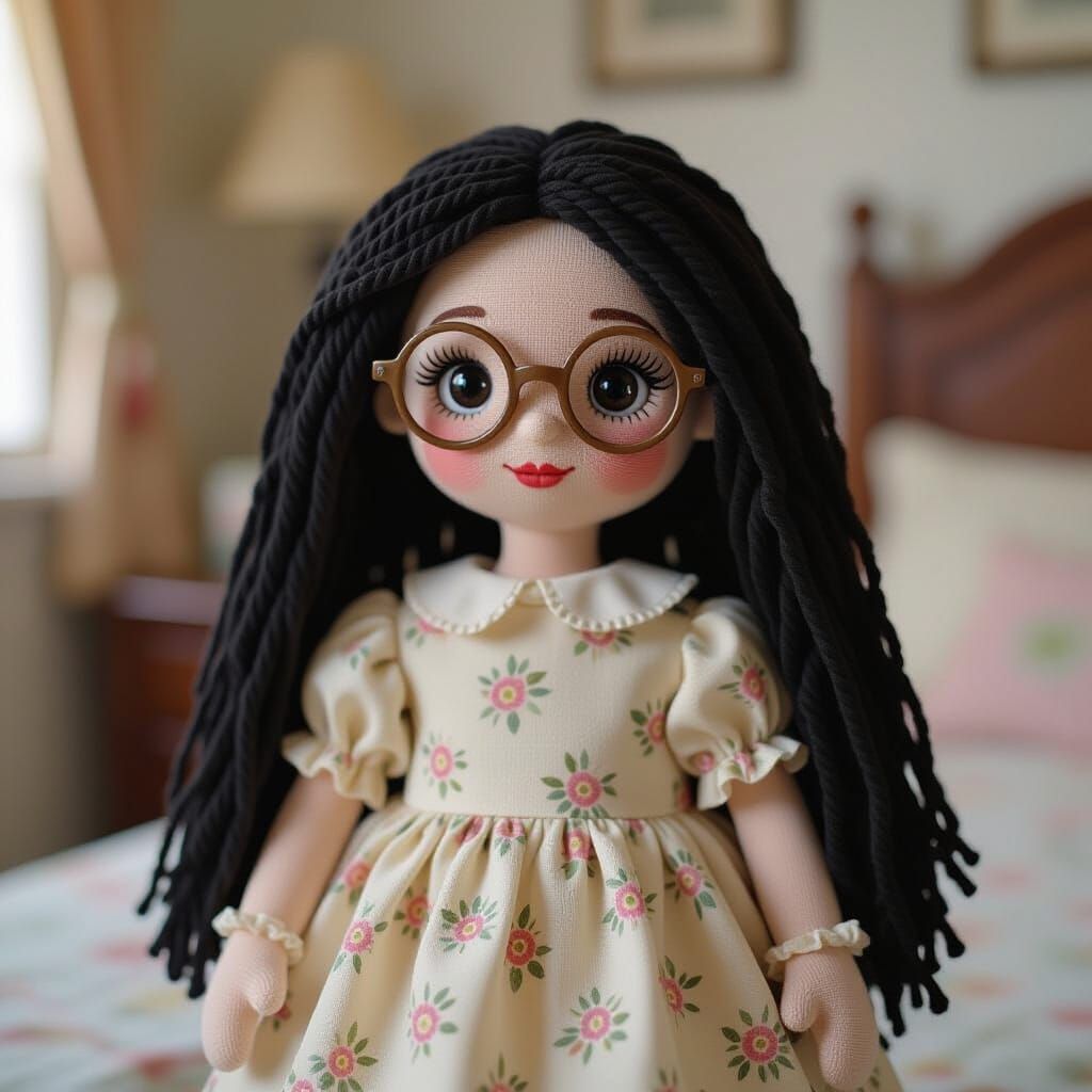 Cute Raggedy Doll with Black Yarn Hair and Glasses